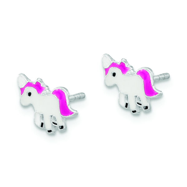 Sterling Silver RH-plated Polished Enameled Unicorn Post Earrings - Image 2