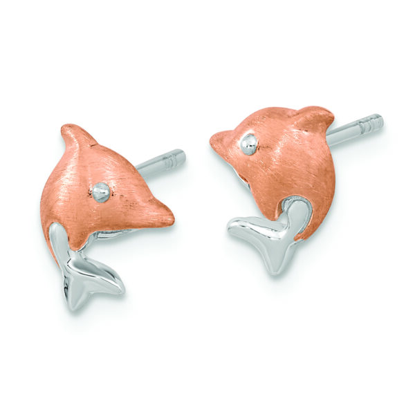 Sterling Silver RH-plated & Rose Gold-plated Dolphin Post Earrings - Image 2