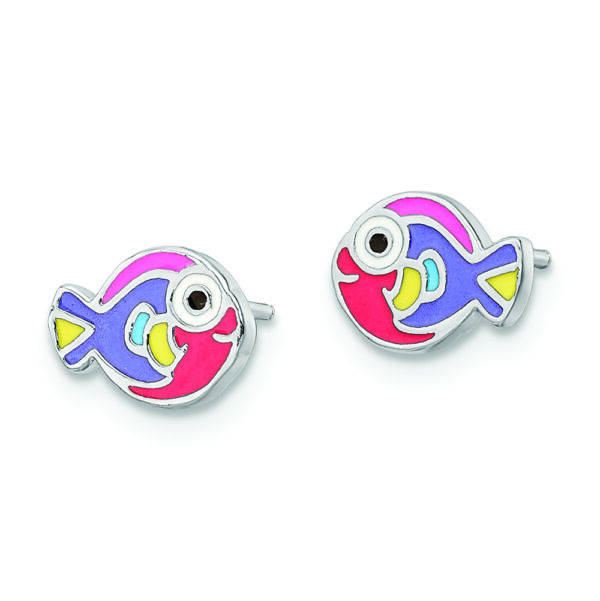 Sterling Silver RH-plated Multi-color Enameled Fish Post Earrings - Image 2