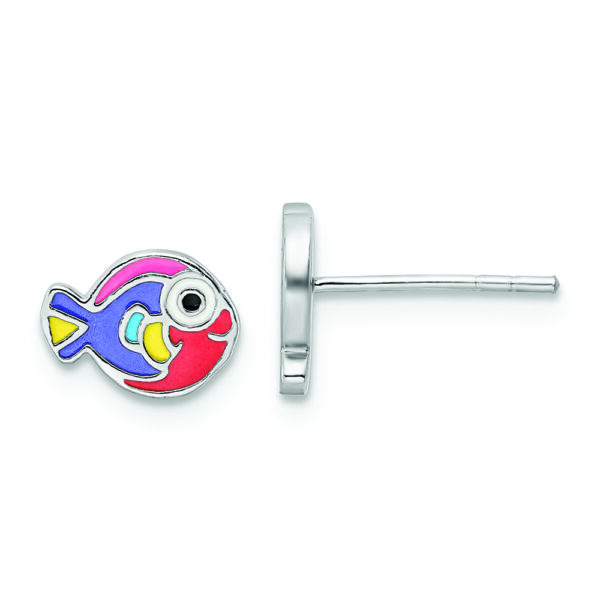 Sterling Silver RH-plated Multi-color Enameled Fish Post Earrings