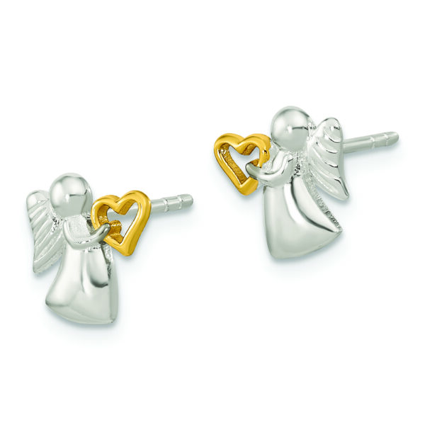 Sterling Silver Angel Gold Tone Heart Polished Post Earrings - Image 2