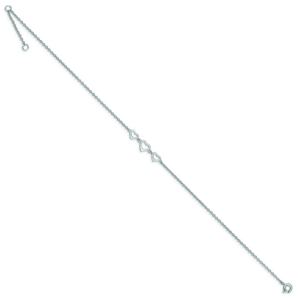 Sterling Silver Rhodium-plated 10 in Plus1 in ext Three Hearts Anklet - Image 2