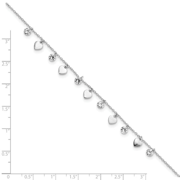 Sterling Silver RH-plated Polish and Brushed Heart CZ 8.75in Plus 1inExt An - Image 3