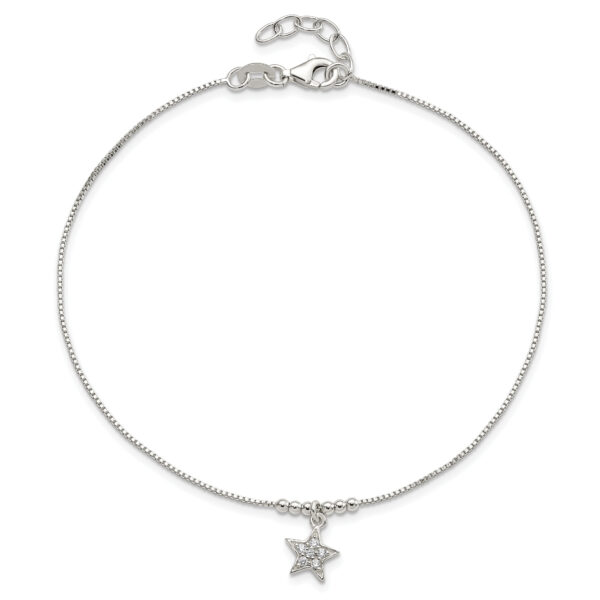 Sterling Silver CZ Star and Beads 9in Plus 1in Ext. Anklet - Image 3