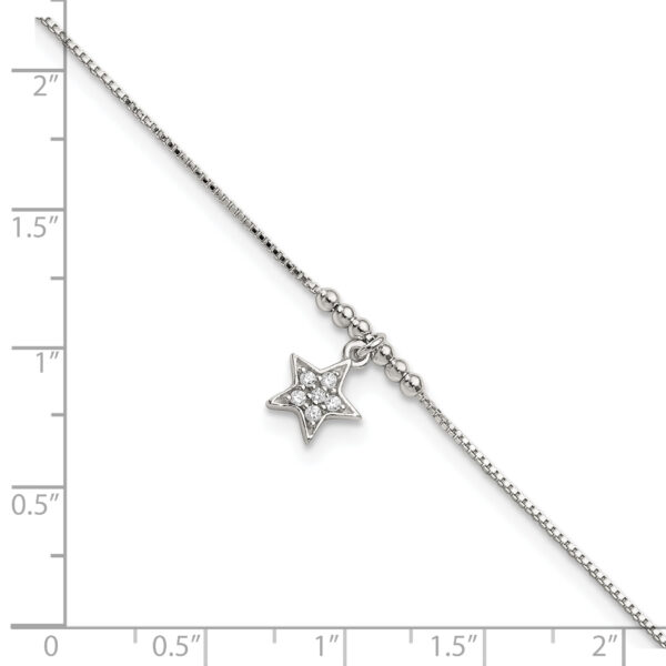 Sterling Silver CZ Star and Beads 9in Plus 1in Ext. Anklet - Image 2
