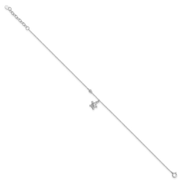 Sterling Silver Rhodium-plated Polished CZ Turtle 9in Plus 1 in Ext. Anklet - Image 2