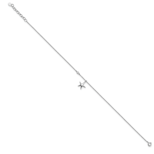 Sterling Silver Rhod-plated Polished CZ Starfish 9in Plus 1 in Ext  Anklet - Image 2