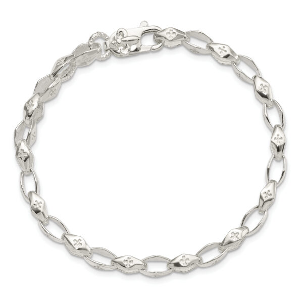Sterling Silver Polished Cross w/Fleur de Lis Clasp Bracelet - Image 3