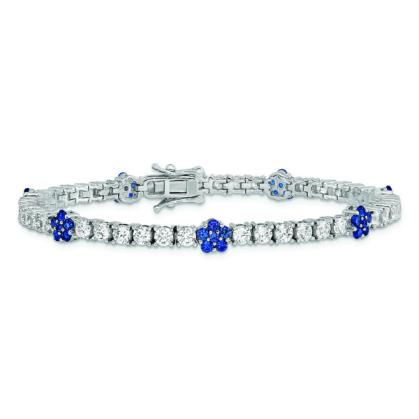 Sterling Silver Rhodium-plated Cr Blue Spinel & CZ Flower 7in Bracelet - Image 3