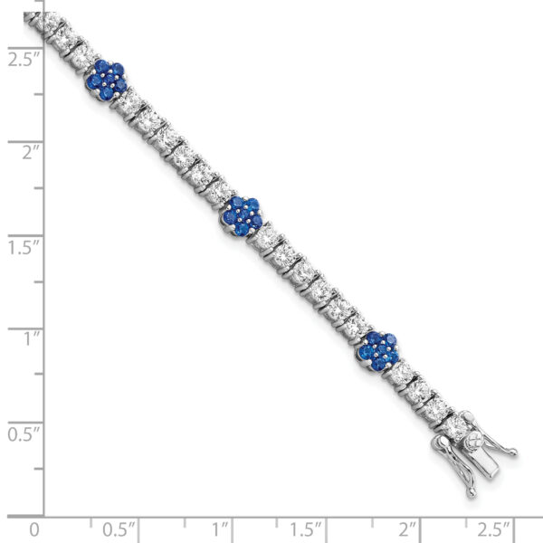Sterling Silver Rhodium-plated Cr Blue Spinel & CZ Flower 7in Bracelet - Image 2