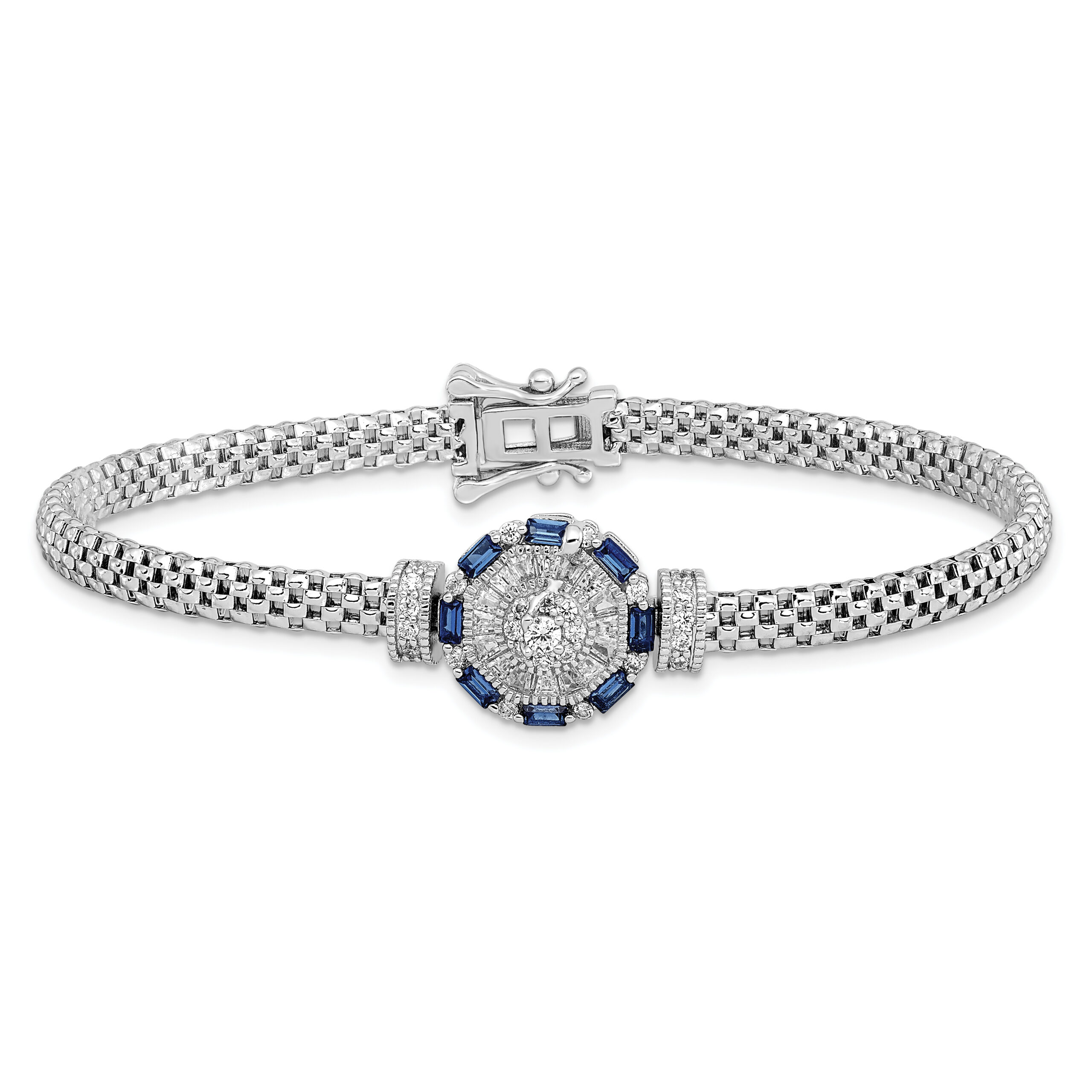 Sterling Silver Rhodium-plated Polished Blue & White CZ Bracelet - Image 3