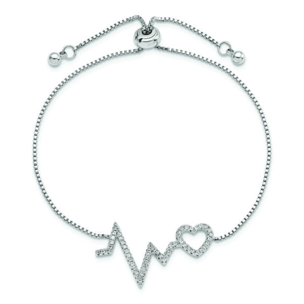 Sterling Silver Polished Rhodium Micro Pav? CZ Heartbeat Adj. Bracelet - Image 3