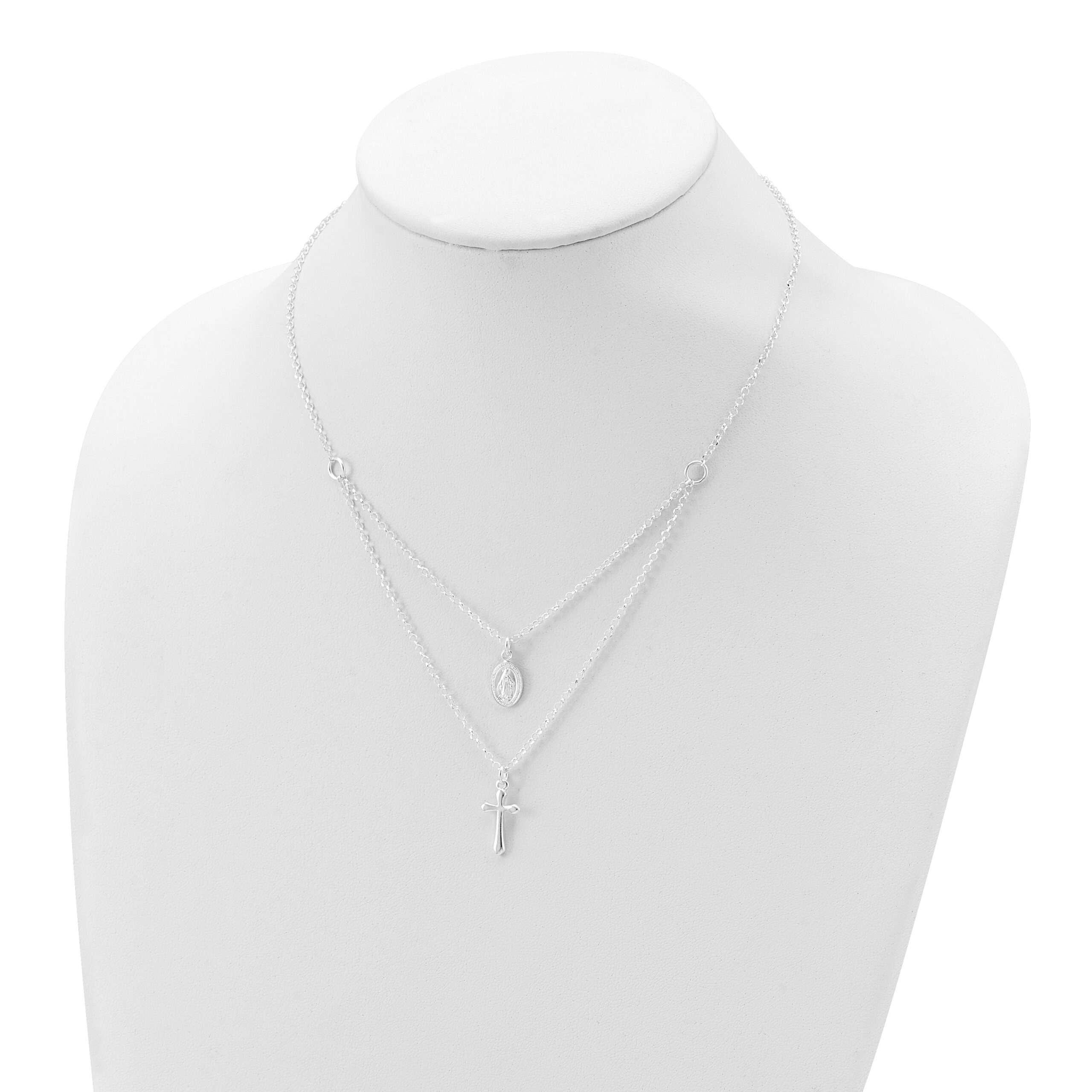 Sterling Silver Polished Medallion & Cross Necklace - Image 3
