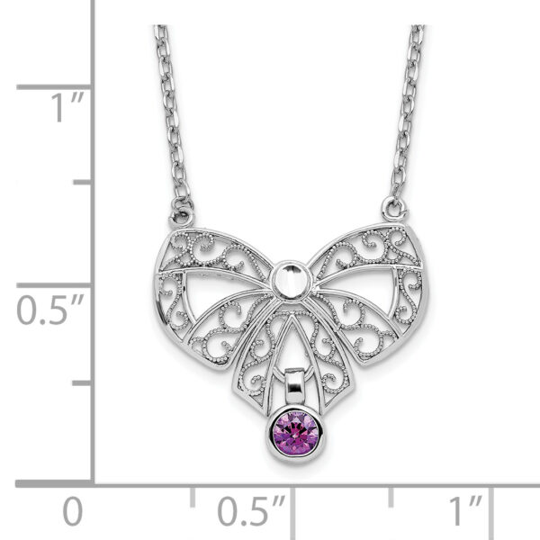 Sterling Silver Rhodium-plated Polished Feb. Bow CZ Birthstone Necklace - Image 2