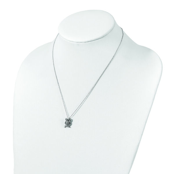 Sterling Silver Polished Rhodium-plated Green/Clear CZ Owl 18in Necklace - Image 3