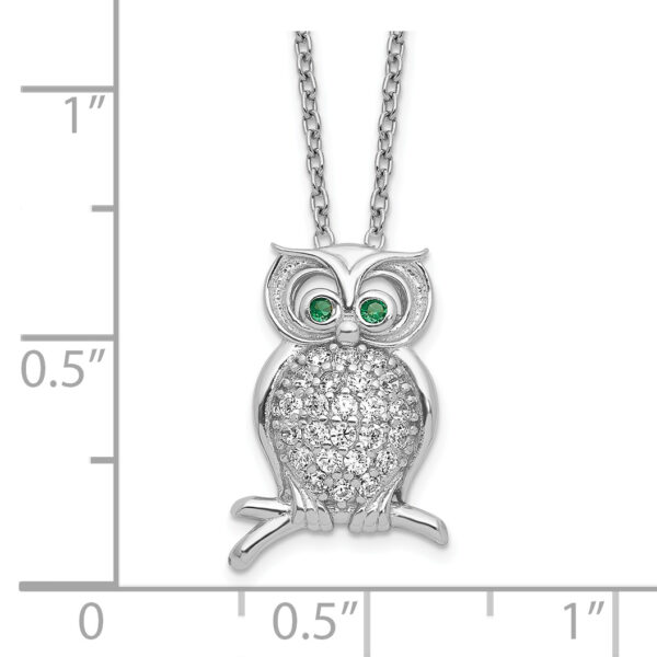 Sterling Silver Polished Rhodium-plated Green/Clear CZ Owl 18in Necklace - Image 2