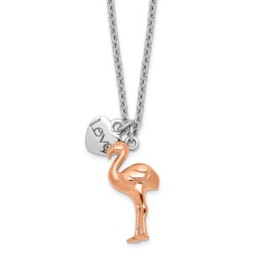 Sterling Silver RH-plate Rose-plated Flamingo Heart 16.5 + 1in Necklace