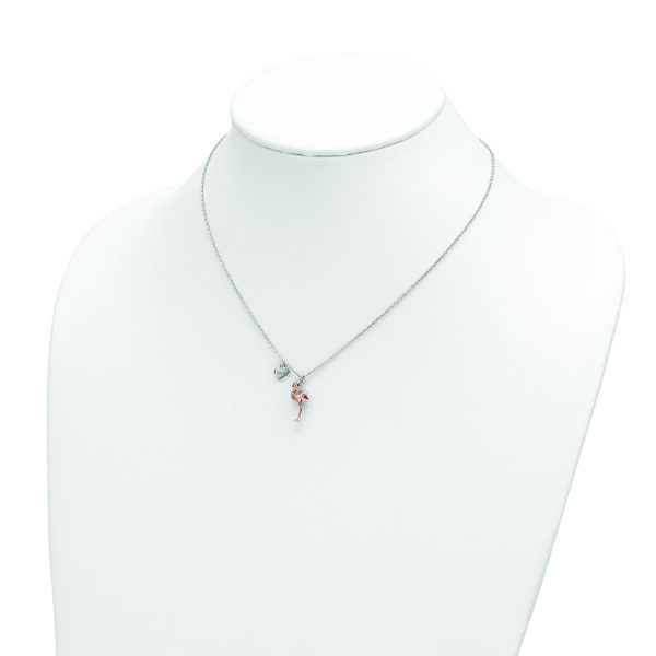 Sterling Silver RH-plate Rose-plated Flamingo Heart 16.5 + 1in Necklace - Image 3