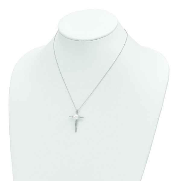 Sterling Silver Rhodium-plated 8-9mm Button FWC Pearl CZ Cross Necklace - Image 3