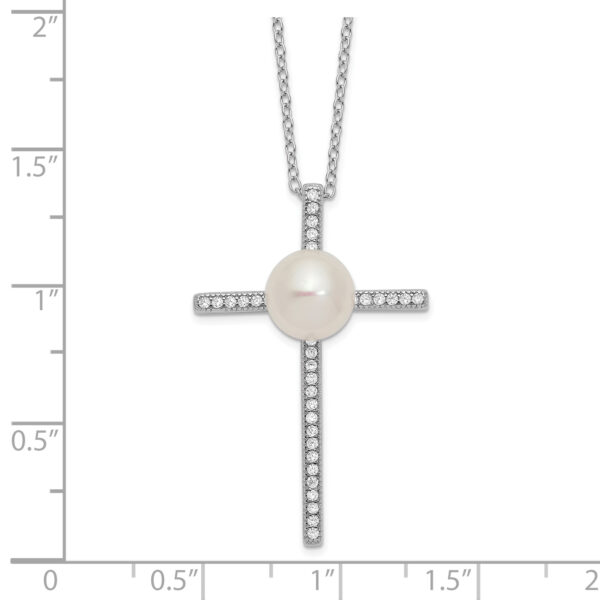 Sterling Silver Rhodium-plated 8-9mm Button FWC Pearl CZ Cross Necklace - Image 2