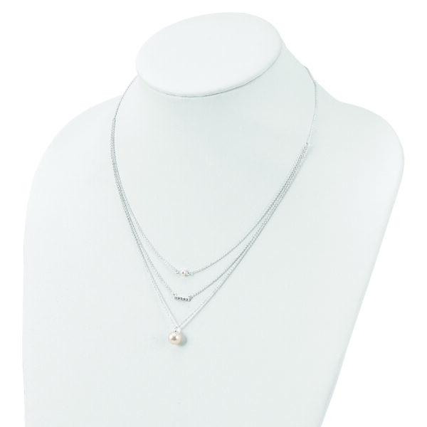 Sterling Silver Rhodium-plated Multi Strand CZ and Glass Pearl Necklace - Image 3