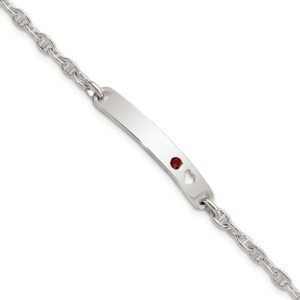 Sterling Silver Polished ID with Red CZ Heart Bracelet
