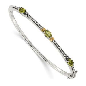 Sterling Silver Antiqued w/14ky Peridot 3 Stone Bangle