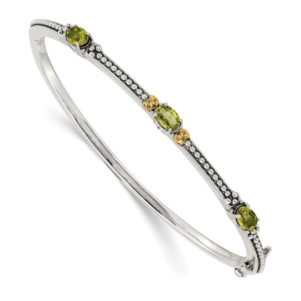 Sterling Silver Antiqued w/14ky Peridot 3 Stone Bangle