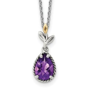 Sterling Silver Antiqued w/14K Leaves Pear 1.45 Amethyst w/2in ext Necklace