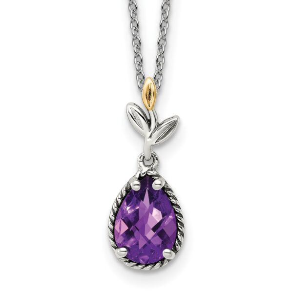Sterling Silver Antiqued w/14K Leaves Pear 1.45 Amethyst w/2in ext Necklace
