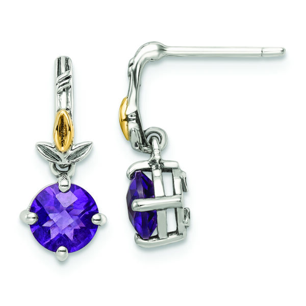 Sterling Silver Antiqued w/14k Leaf 1.20AM Amethyst Dangle Post Earrings
