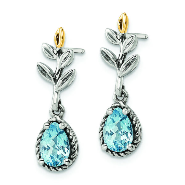 Sterling Silver Antiqued w/14k Leaf 1.54BT Lt Swiss Bl. Topaz Post Earrings - Image 2
