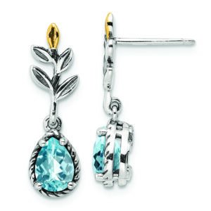 Sterling Silver Antiqued w/14k Leaf 1.54BT Lt Swiss Bl. Topaz Post Earrings