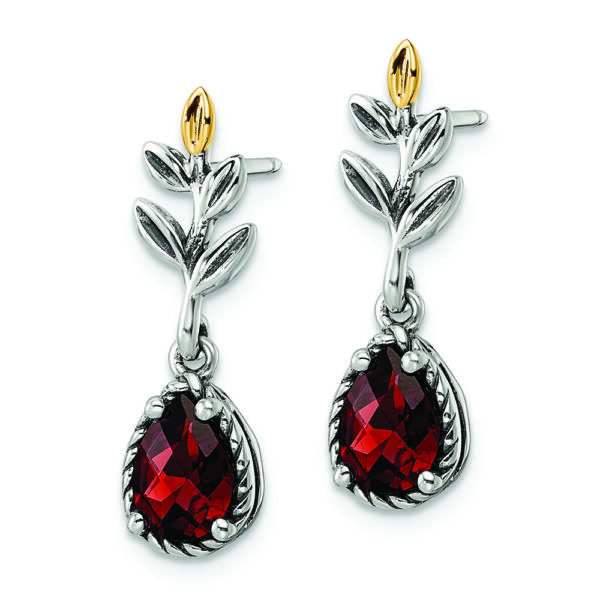 Sterling Silver w/14k Antiqued Leaf 1.49GA Garnet Dangle Post Earrings - Image 2