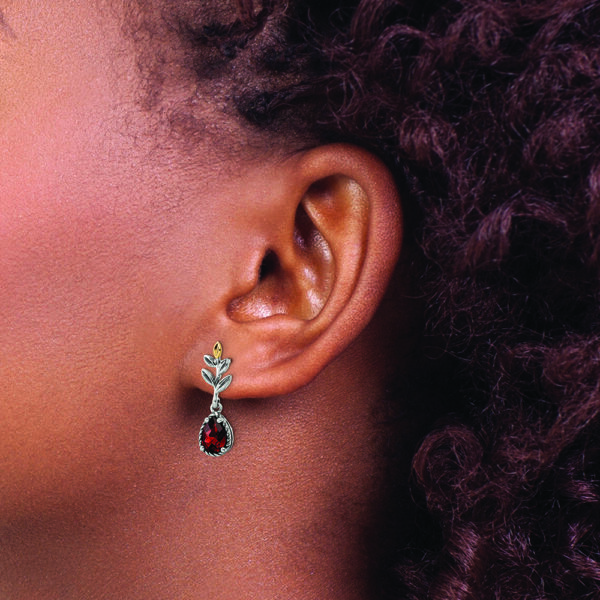 Sterling Silver w/14k Antiqued Leaf 1.49GA Garnet Dangle Post Earrings - Image 3