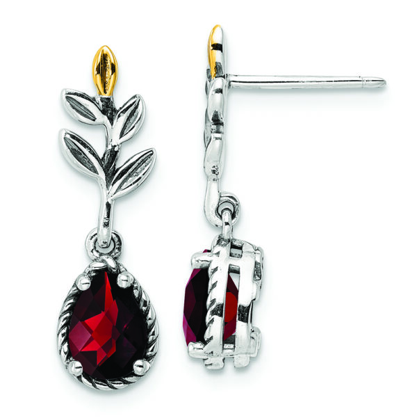 Sterling Silver w/14k Antiqued Leaf 1.49GA Garnet Dangle Post Earrings