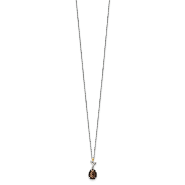 Sterling Silver Antiqued w/14k Leaf Smoky Quartz w/ 2in ext Necklace - Image 2