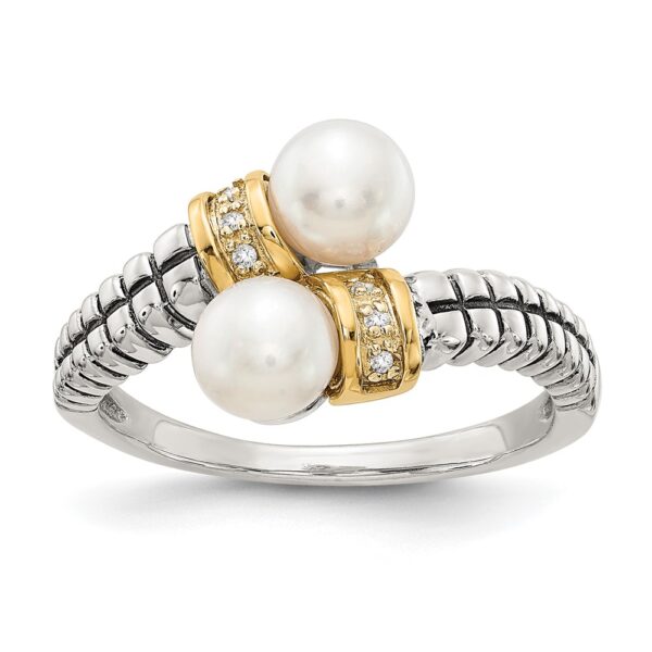 Sterling Silver Antiqued w/14k FWC Pearl & Diamond By-Pass Ring
