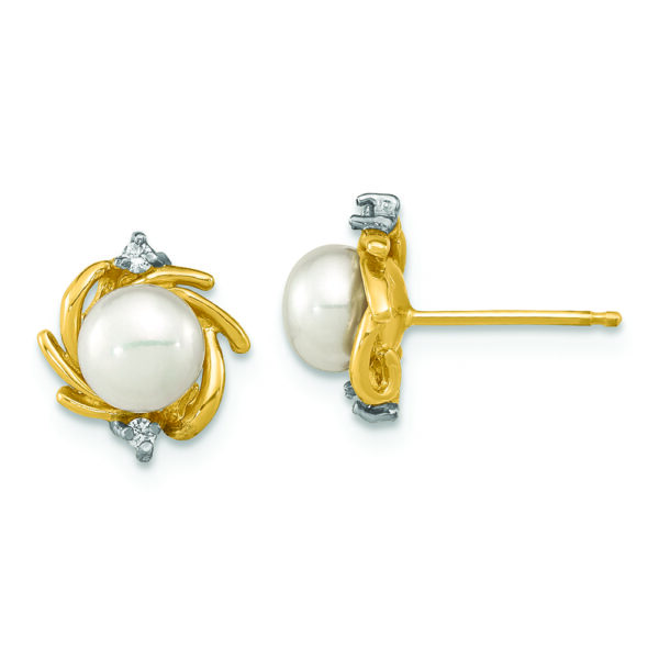 14K Madi K 5-6mm Button White FWC Pearl .04ct. Diamond Earrings - Image 2