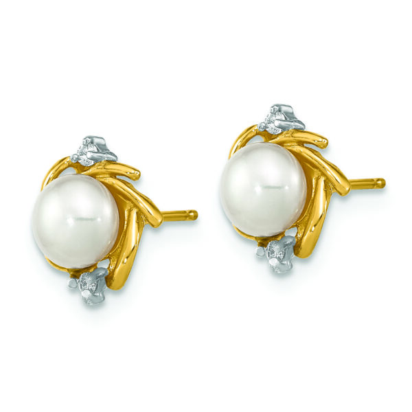 14K Madi K 5-6mm Button White FWC Pearl .04ct. Diamond Earrings - Image 3