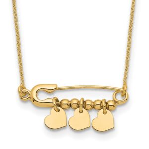 14K Safety Pin with Dangle Hearts Necklace