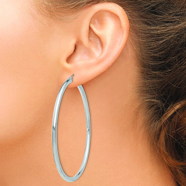 14K White Gold Polished 3mm Lightweight Tube Hoop Earrings - Image 3