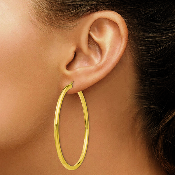 14K Polished 3mm Lightweight Tube Hoop Earrings - Image 3