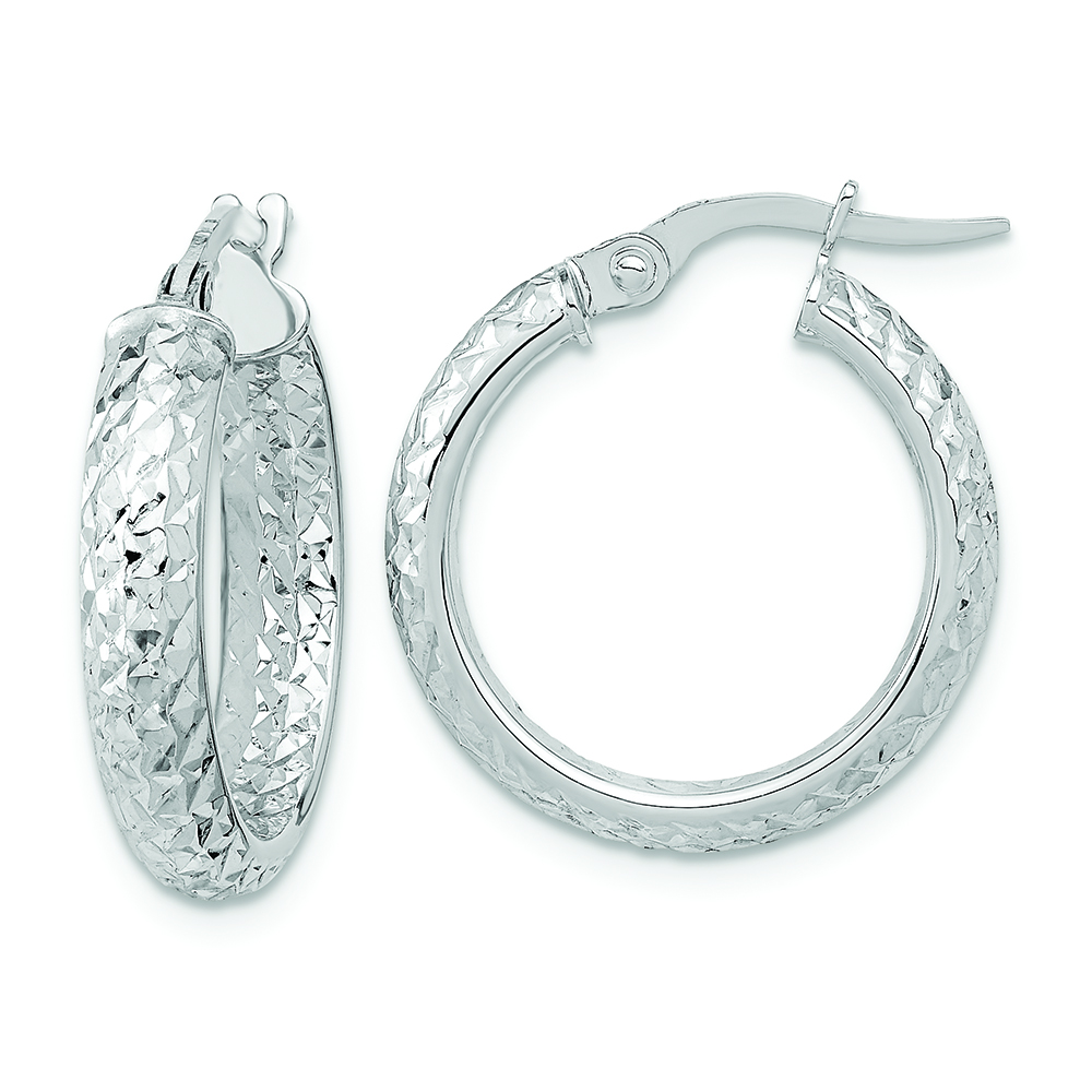 14K White Gold Polished and Diamond-cut Inside and Out Fancy Hoop Earrings