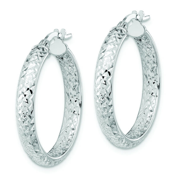 14K White Gold Polished and Diamond-cut Inside and Out Fancy Hoop Earrings - Image 2