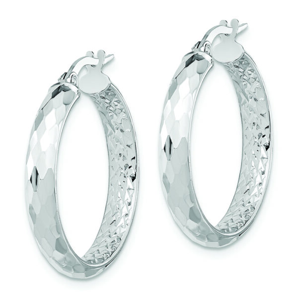 14K White Gold Polished and Textured Diamond-cut Inside Fancy Hoop Earrings - Image 2