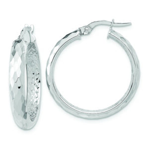 14K White Gold Polished and Textured Diamond-cut Inside Fancy Hoop Earrings