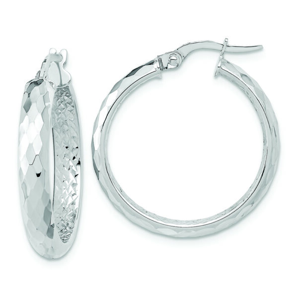 14K White Gold Polished and Textured Diamond-cut Inside Fancy Hoop Earrings