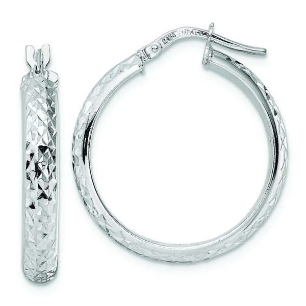 14K White Gold Diamond Cut Hoop Earrings
