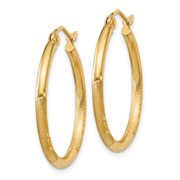 14k Satin and Diamond-cut 2mm Round Tube Hoop Earrings - Image 2